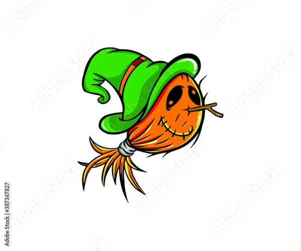 Obraz Halloween orange pumpkins with green hat vector illustrations. Design for t-shirt, stamp, label, logo, etc. isolated vector graphic.
