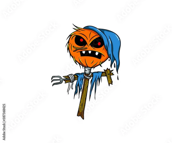Obraz Halloween angry monster orange pumpkins with green hat vector illustrations. Design for t-shirt, stamp, label, logo, etc. isolated vector graphic.