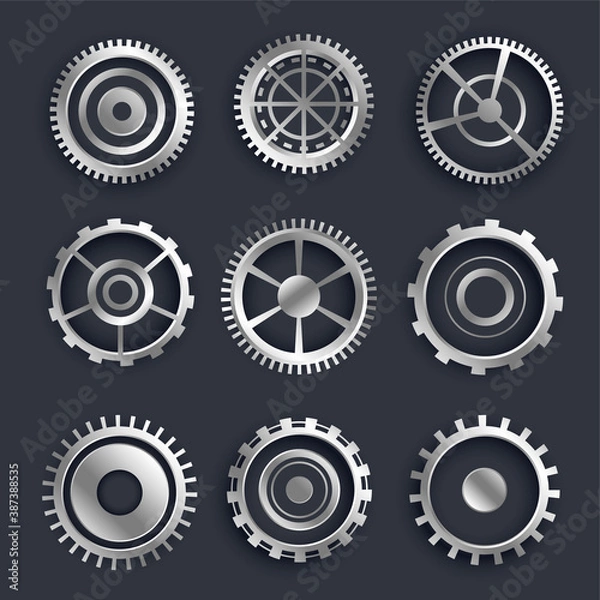 Fototapeta 3d metallic cog and gears set of nine design