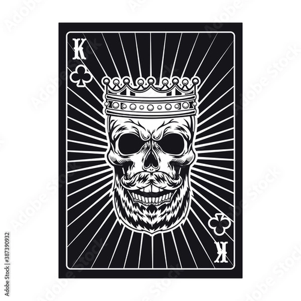 Fototapeta Playing card with aggressive skull. Black king. Club. Flat vector illustration for gambling, poker club, online game concept