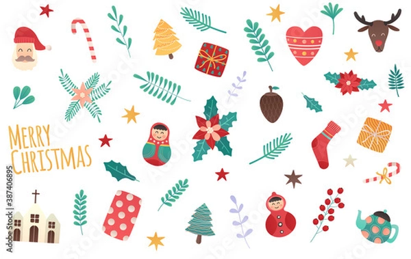 Fototapeta vector set decorative christmas element. christmas festive texture greetings card. seasonal backdrop, winter holiday background.