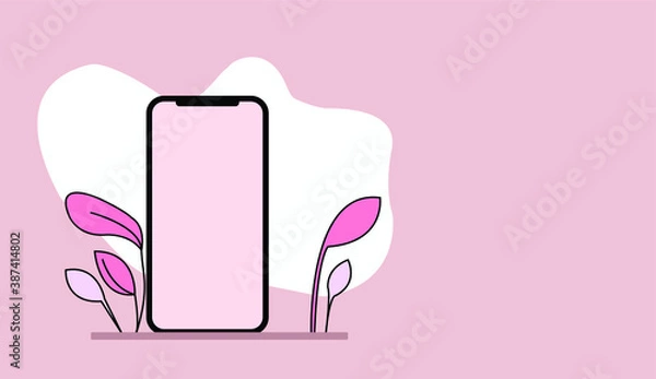 Fototapeta Vector image with phone and leaves to fill with your text. Pink background