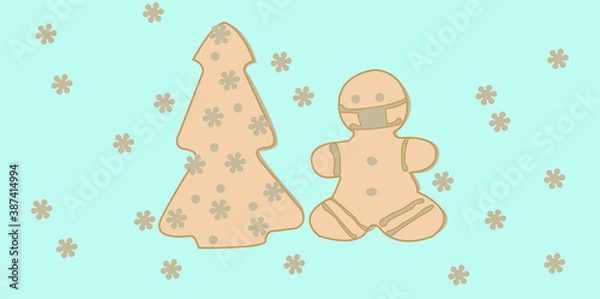 Fototapeta Vector image of livers in the form of New Year's needles, with snowflakes on a turquoise background