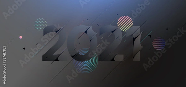 Fototapeta 2021 New Year number for holiday concept modern design with geometric 3d elements and 80s memphis bright style. Christmas techno party art with abstract shapes. Vector illustration