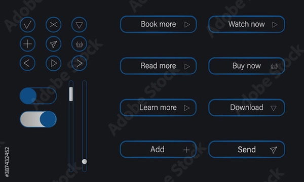 Fototapeta Modern buttons set for UI/UX design. Buy, watch, learn, download, send, add and read more in blue color. Flat vector illustration on dark background for web site, shop.