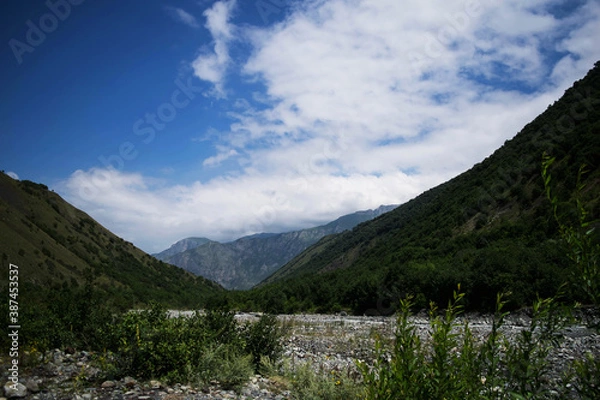 Fototapeta View of the mountains of the North Caucasus. Mountains in the clouds in summer