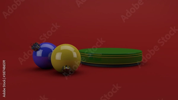Fototapeta Christmas green podium with red background, studio mockup. 3D Render