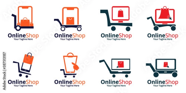 Fototapeta Set of Online Shop Logo designs Template. Illustration vector graphic of shopping cart , smartphone,computer, shop bag combination logo design concept. Perfect for Ecommerce, sale, store web element.