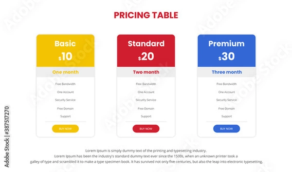 Fototapeta Modern pricing comparison table with three subscription plans and place for description. Flat pricing table design template for or websites and applications.