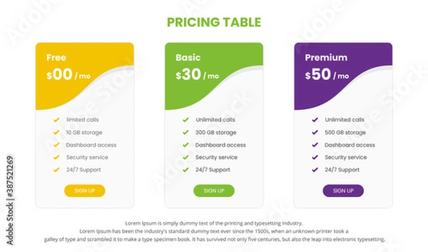 Fototapeta Modern pricing comparison table with three subscription plans and place for description. Flat pricing table design template for or websites and applications.