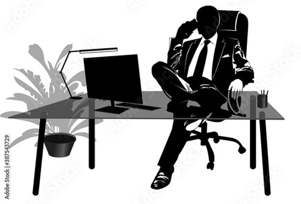 Obraz Silhouette of businessman talking on the phone at his desk