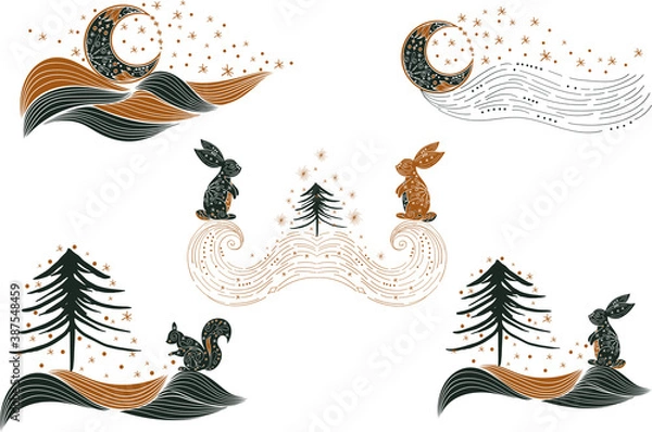 Fototapeta Set of winter pre-made design with squirrel, hare, snow, tree, star, moon for decoration. Seasonally set of winter symbol. Vector clipart,  christmas composition for greeting card, stationery, packing