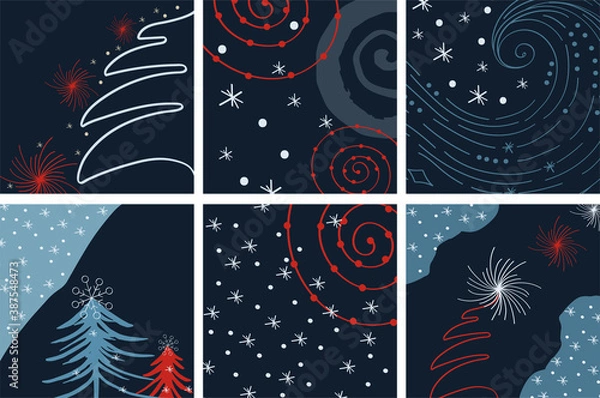 Fototapeta Set of Winter vector background. Template, pre-made modern christmas design. Abstract graphic illustration with tree, shape, snowflake, snowball in red and blue for poster, stationery, postcard