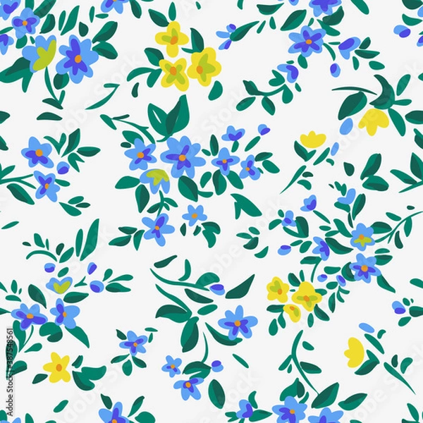 Fototapeta Wild flowers background. Simple flat drawing. Floral seamless pattern made of meadow plants and flowers. Summer nature ornament. Modern flat design. Fashion style for textile and fabric.