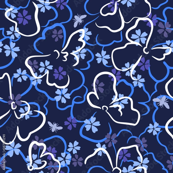 Fototapeta Summer nature botanical background. Large and small daisy flowers. Floral seamless pattern. Outline contour drawing. Flat shadow flowers ornament with simple design. Good for textile and fabric.