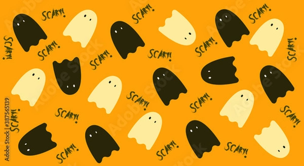 Obraz seamless background with butterflies .Vector image dedicated to Halloween. Little ghosts with an inscription on an orange background