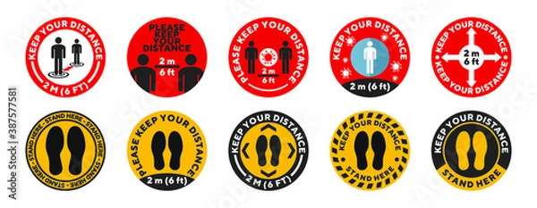 Fototapeta Round social distance floor sticker set