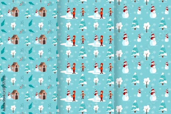 Obraz Merry christmas pattern with children making snowman