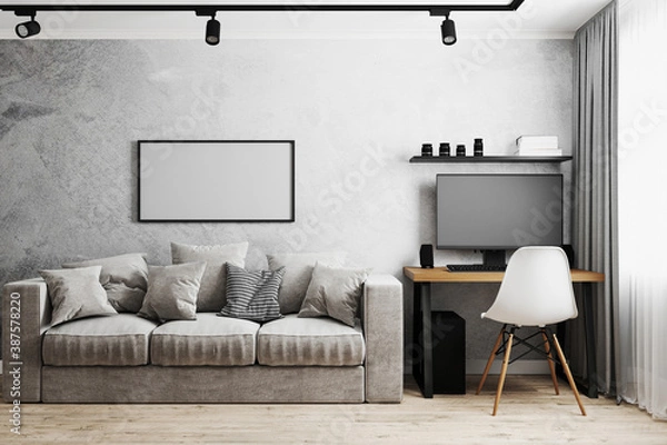 Fototapeta Blank frame in modern interior with gray concrete wall, gray sofa, home workplace with PC and white chair, 3d rendering
