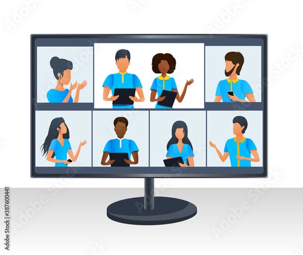 Fototapeta Multiracial business team at online meeting in video conference using computer. Learning online in teleconference. Group video conference with coworkers. Remote work. Working from home