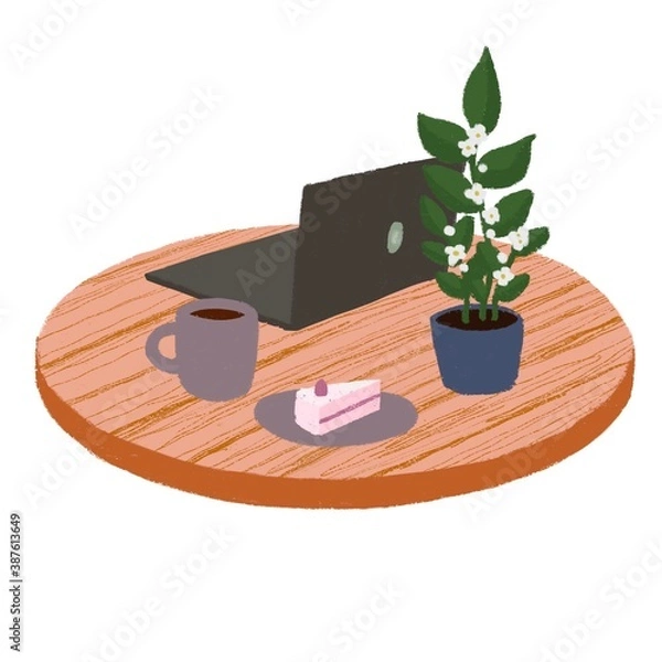 Fototapeta working home, at home on table, work with cup of coffee, freelancer, work place, self-isolation, cozy breakfast