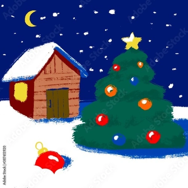 Fototapeta new year tree, house in snow, celebration christmas, merry christmas, winter postcard, snowfall