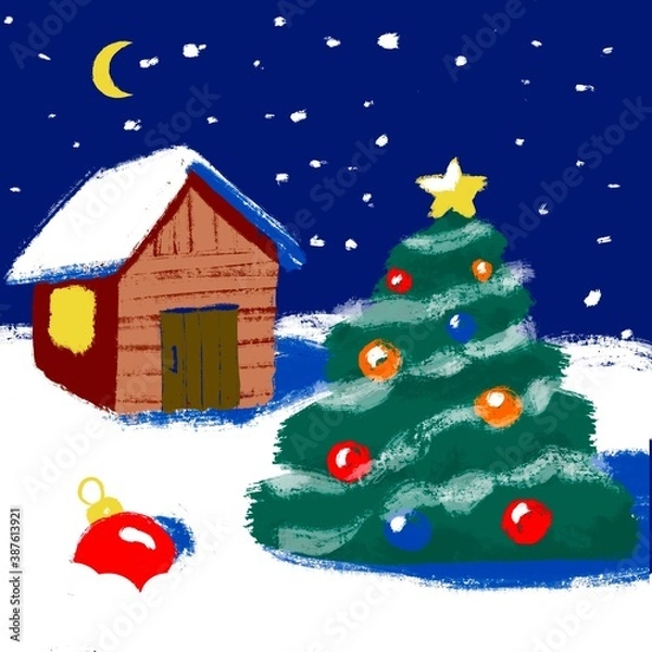 Fototapeta new year tree, house in snow, christmas tree card, postcard, night, snowfall, winter home