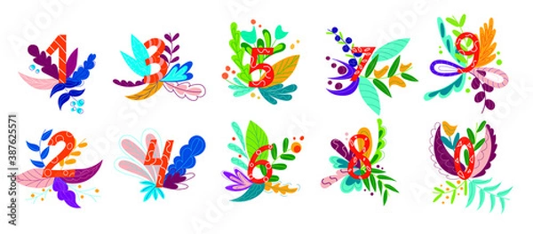 Fototapeta Numbers from 0 to 9. Cartoon flowers and floral print. Colorful vector illustration