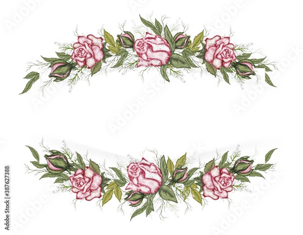 Fototapeta banner of pink roses, leaves with space for the text. hand-drawn flowers isolated on a white background. romantic bouquet for greeting cards, invitations, posters, greeting design. vintage style