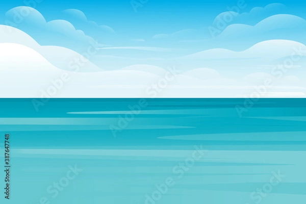 Fototapeta Blue sea or ocean landscape summer day with cloud flat vector illustration