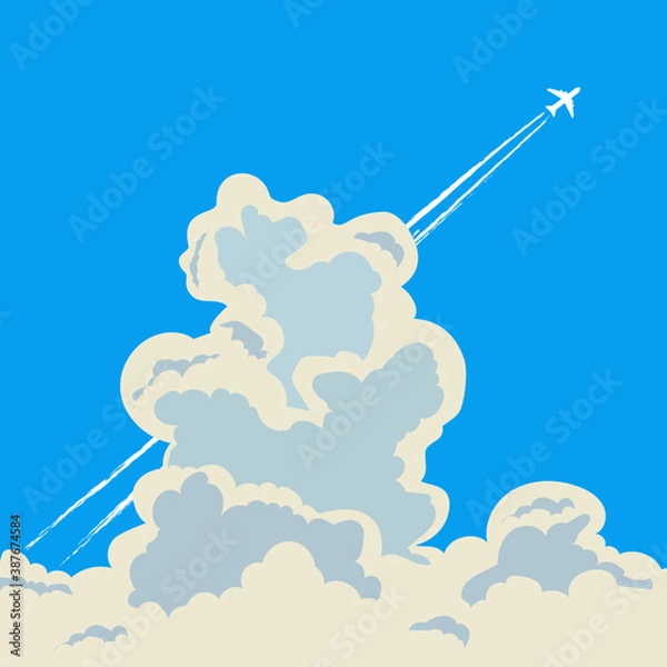 Fototapeta Jet plane flying in the sky among big cumulus clouds, leaving vapor trails behind in flight. Vector illustration