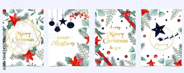 Fototapeta Collection of Christmas background set with holly leaves,flower,ribbon.Editable vector illustration for New year invitation,postcard and website banner