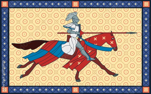 Obraz A knight rides a horse at a tournament. Medieval illustration. Vector graphics