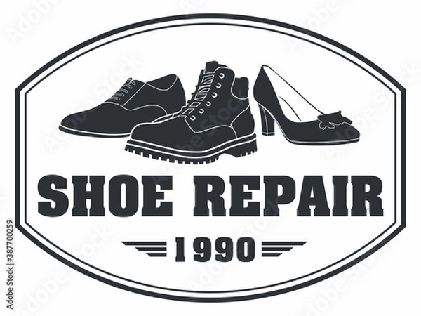 Obraz Shoe repair sign. Silhouette of various types of boots and shoes. Vector graphics