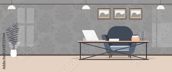 Fototapeta Loft style room. Bright room. Workplace. Table with laptop, books and documents. Flower in a pot, wooden cabinet, paintings. Vector.
