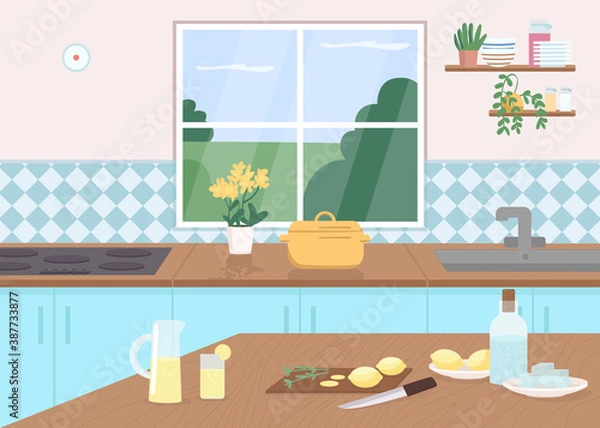 Fototapeta Kitchen counter flat color vector illustration. Cut lemons on tables. Make lemonade as pastime. Cook class. Household furniture. Dining room 2D cartoon interior with window on background
