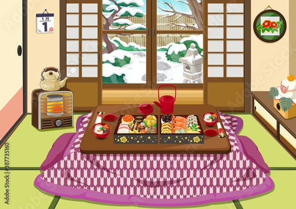 Obraz お正月素材　日本の正月風景　和室　炬燵