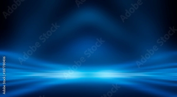 Obraz Modern minimalistic, futuristic studio background. Dark background with lines and spotlights, neon light, night view. Abstract blue background. Empty stage.