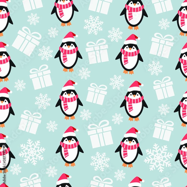 Fototapeta Penguin wearing red christmas hat, gift box, snowflakes on light blue background pattern. Christmas, New Year pattern. Decorative print for wrapping paper, fabric, background, wallpaper.