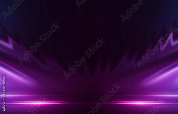 Fototapeta Dark abstract background with ultraviolet neon glow. Blurry neon waves. Light effect. Reflection on the asphalt. 3d illustration