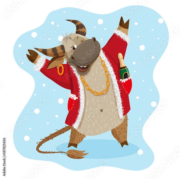 Obraz New Year's bull with a bottle of champagne in his pocket
