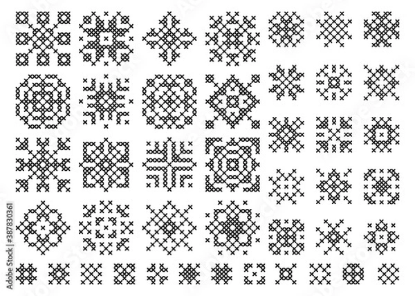 Obraz Cross stitch snowflake. Embroidery set of christmas elements. Holiday cross-stitch vector . Ethnic scandinavian or slavic pattern.