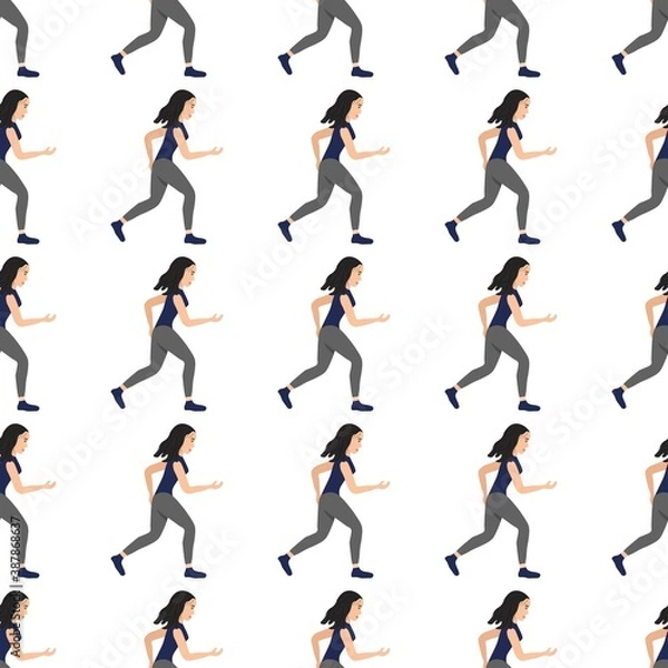 Fototapeta Seamless pattern with a running marvelous girl sportswoman on a white background. Young woman in flat style is engaged in physical education. Strong pumped man.
Stock vector illustration for design