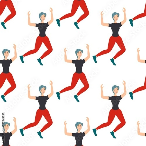 Fototapeta Seamless pattern with dancing modern girl on a white background. Cheerful dance entertainment in a flat style. Relaxed happy woman.
Stock vector illustration for design, decor, fabric, wallpaper