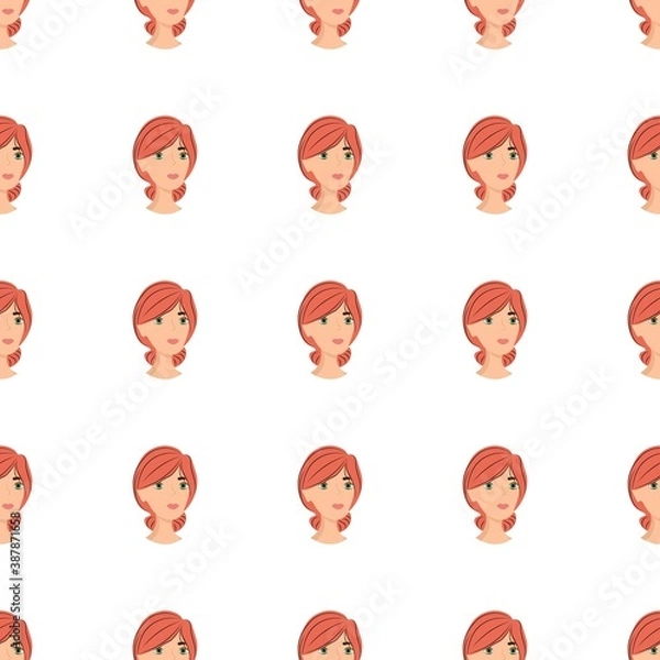 Fototapeta Seamless pattern with avatar of a bright girl on a white background. Profile of a young woman in front in a flat style. Cartoon happy people faces in relaxation.
Stock vector illustration for design