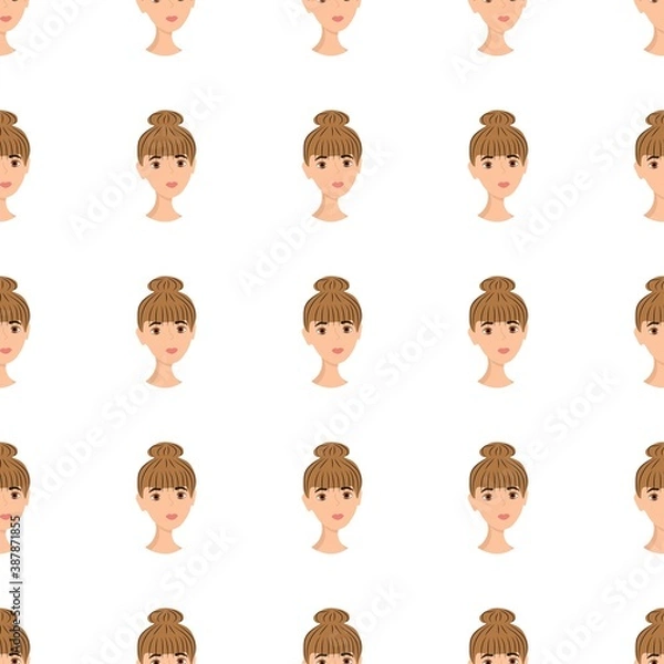 Fototapeta Seamless pattern with avatar of a gorgeous girl on a white background. Profile of a young woman in front in a flat style. Cartoon happy people faces in relaxation.
Stock vector illustration