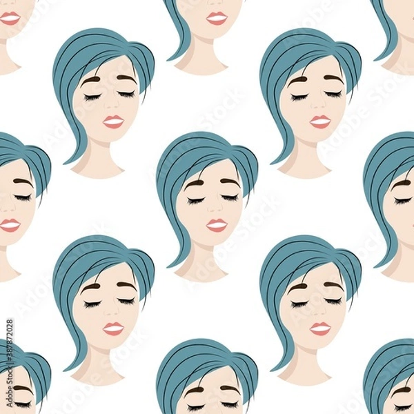 Fototapeta Seamless pattern with avatar of an amazing girl on a white background. Profile of a young woman in front in a flat style. Joyful relaxed faces of people.
Stock vector illustration for design, decor
