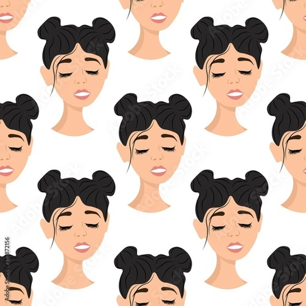 Fototapeta Seamless pattern with avatar of a charming girl on a white background. Profile of a young woman in front in a flat style. Joyful relaxed faces of people.
Stock vector illustration for design, decor