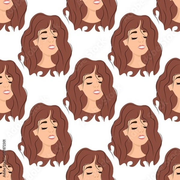 Fototapeta Seamless pattern with the avatar of a graceful girl on a white background. Profile of a young woman in front in a flat style. Joyful relaxed faces of people.
Stock vector illustration for design