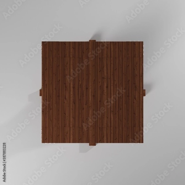Fototapeta Modelo 3d/render/ilustración de una mesa vintage de madera con bordes metalicos de protección